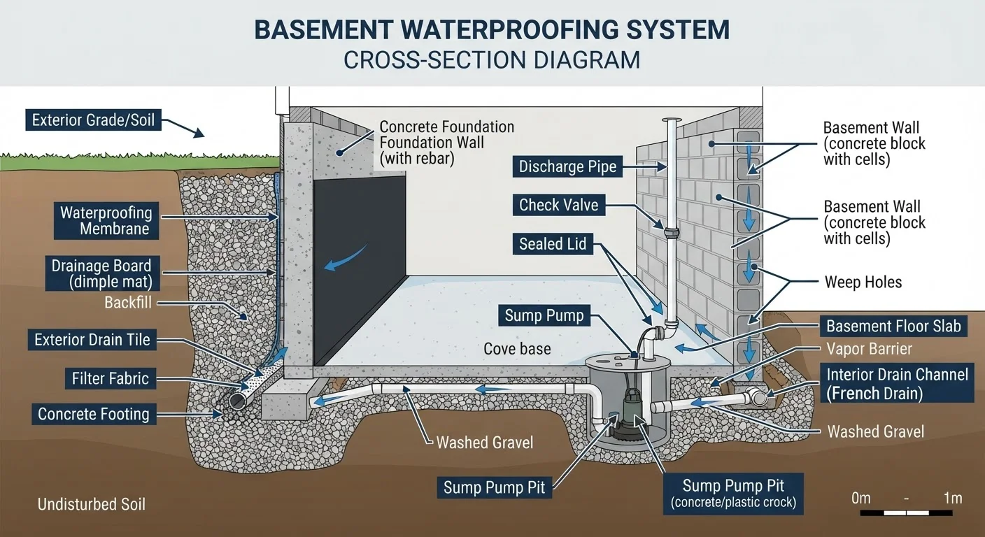 Basement Waterproofing Methods: Interior Drains, Exterior Barriers, and Sump Pumps